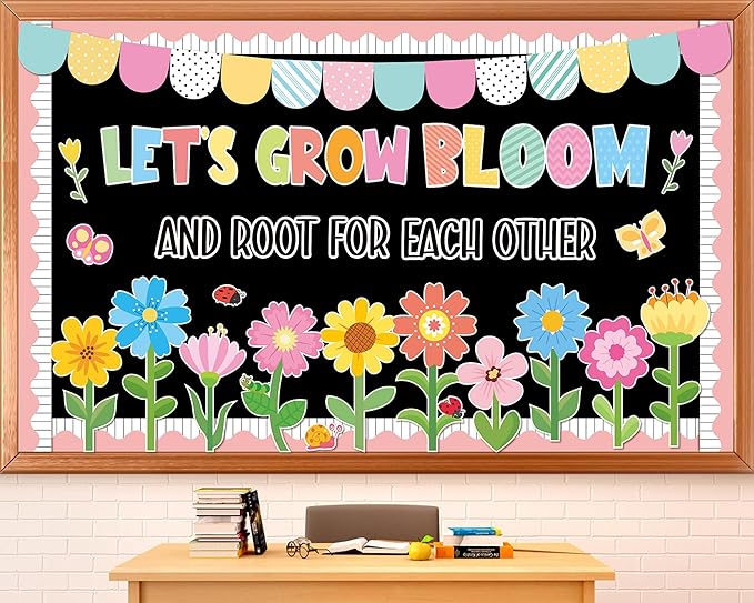ZOIIWA Summer Bulletin Board Decorations Spring Bloom Flower Classroom Bulletin Board Borders Colorful Floral Butterfly Cutouts for Back to School Birthday Party Supplies School Home Office Wall Decor