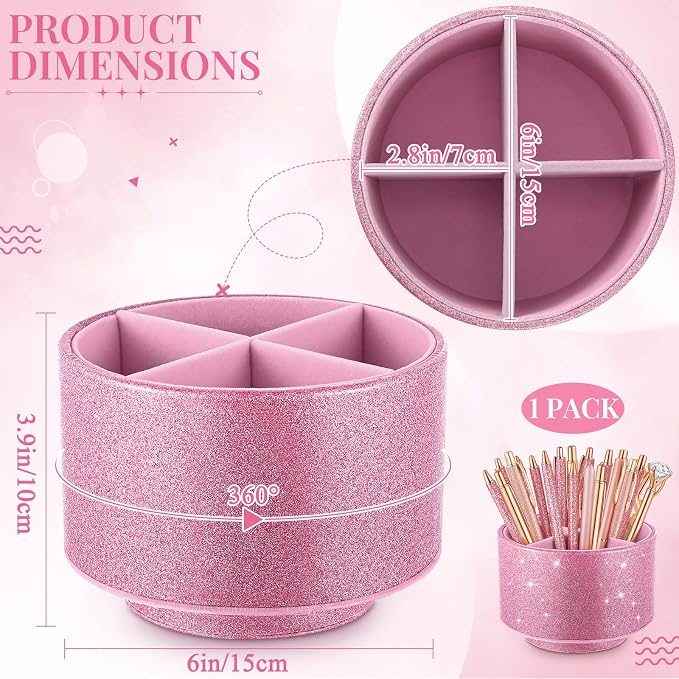 Epakh PU Leather Glitter Pen Holder 360 Degree Spinning Pink Bling Pencil Cup Gift for Teacher Women Girls Makeup Brush Organizer Cup Desk Office Classroom Home Back to School Gift (6 Inch)