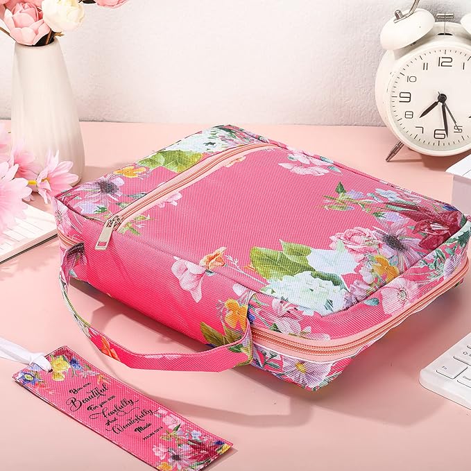 Laumoi Bible Cover Case for Women 10'' Flower Bible Holder Case Large Religious Carrying Bag for Women Study Christian Book Gift (Pink Flower)