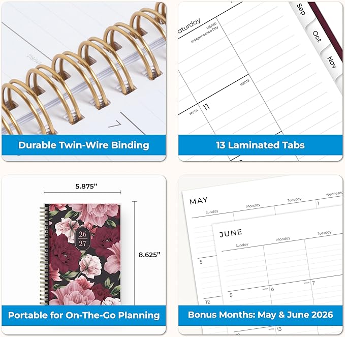 Blue Sky 2026-2027 Weekly and Monthly Academic Year Planner Calendar, July 2026 - June 2027, 5.875" x 8.625", Flexible Pocket Cover, Wirebound, Laminated Tabs, Includes Extra 30 Sheets of Notes, Dark Peonies