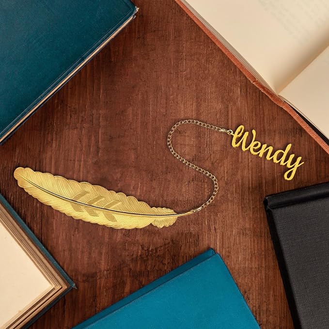 Custom Feather Bookmark Personalized Metal Bookmark with Name Pendant, Gold Silver Customized Gift for Bookworms, Teachers, Women Includes Gift Box