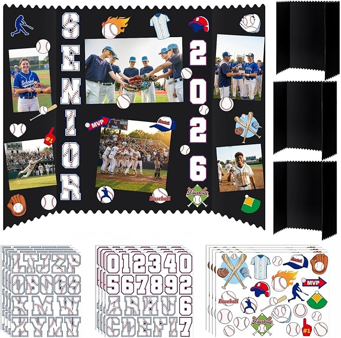 Tinlade 3 Set Baseball Senior Night Gifts Senior 2026 Photo Display Board 24" x 16" Trifold Poster Board with Baseball Themed Stickers for Graduation Picture Frame Sport Theme Party Supplies