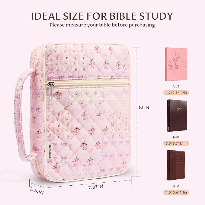 Quilted Bible Cover Case for Women with Bible Study Supplies Journaling Kit Floral Bible Bag Carrying Case with Pastel Highlighters Tabs, Women Christmas Christian Gifts (Purple Pin, M)