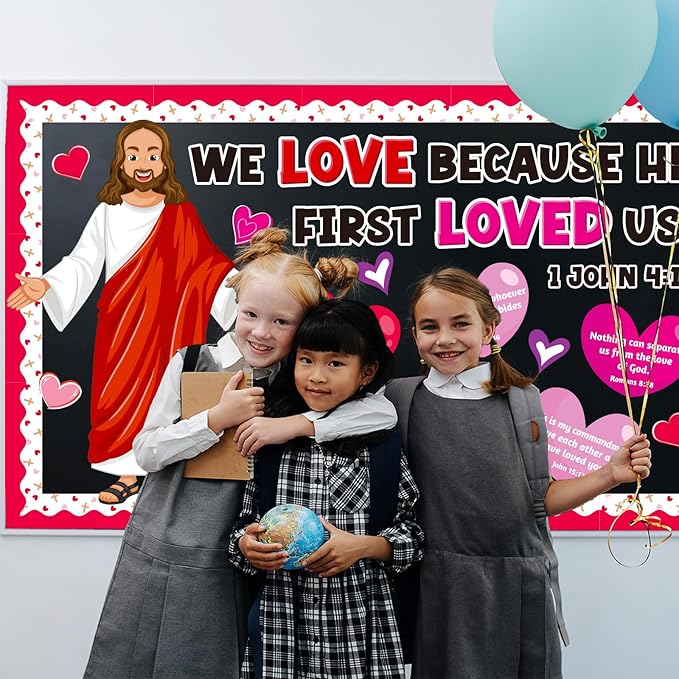 Valentine's Day Religious Bulletin Board Decoration Set, Valentines Day Christian Love God Classroom Decorations Jesus Lord Heart Cutouts Church Library School Home Window Wall Door Decor for Teacher