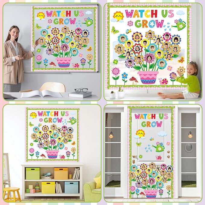 Spring Theme Bloom Flower Bulletin Board Set Watch Us Grow Classroom Decor Spring Floral DIY Photo Craft Cutouts Inspirational Bulletin Board for Back to School Classroom Wall Decor Party Supplies