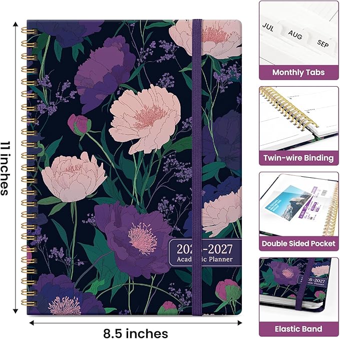 Planner 2026-2027, Academic Monthly and Weekly Calendar Planner for Women, July 2026 - June 2027, Hardcover Pretty Agenda Planner Book with Tabs, Spiral Daily Organizer for School Office Home Supplies, 8.5" x 11" - Plum Reverie