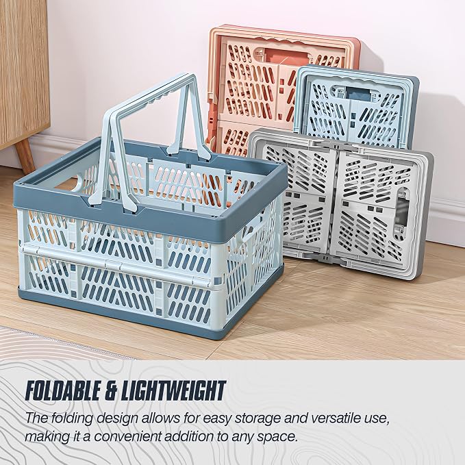 Domiella 2-Pack Foldable Storage Baskets, Collapsible PP Crates with Handles - 20L Capacity, Strong and Portable for Home Organization, Picnic and Shopping, Grey + Blue