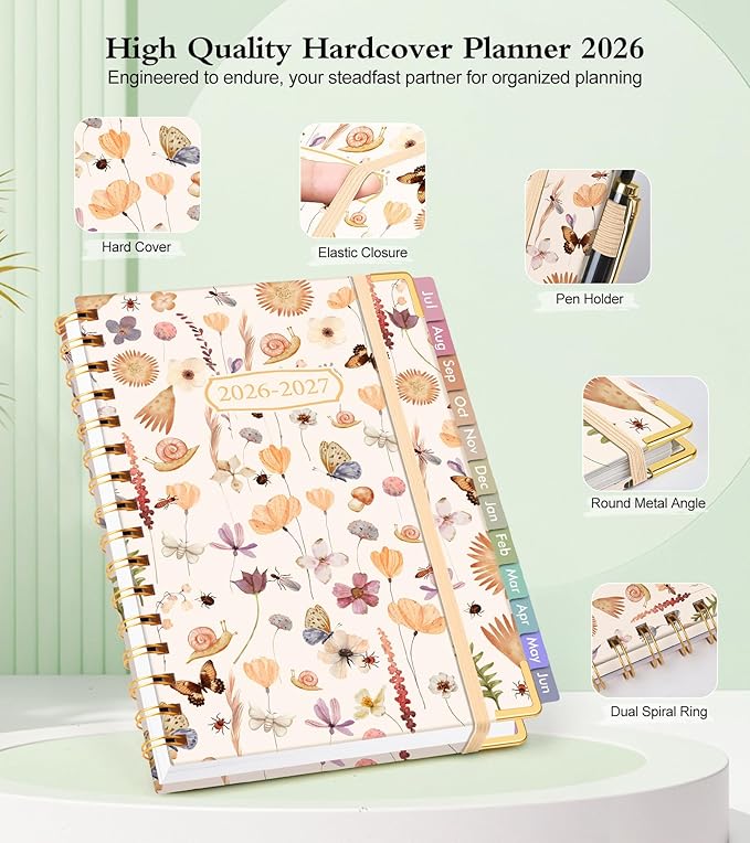 Academic Planner 2026-2027, Hardcover Weekly and Monthly Calendar Planner from July 2026 - June 2027, Daily Agenda Planners with Tabs, College School Organizer for Student Teacher, A4 (8.5" x 11"), Insect Garden