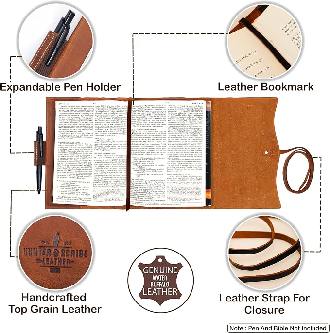 Hunter & Scribe Extra Large Leather Bible Cover for Men and Women - Leather Book Cover - Handcrafted Genuine Top Grain Buffalo Leather - Christian Gifts - XL Leather Bible Cover for Women
