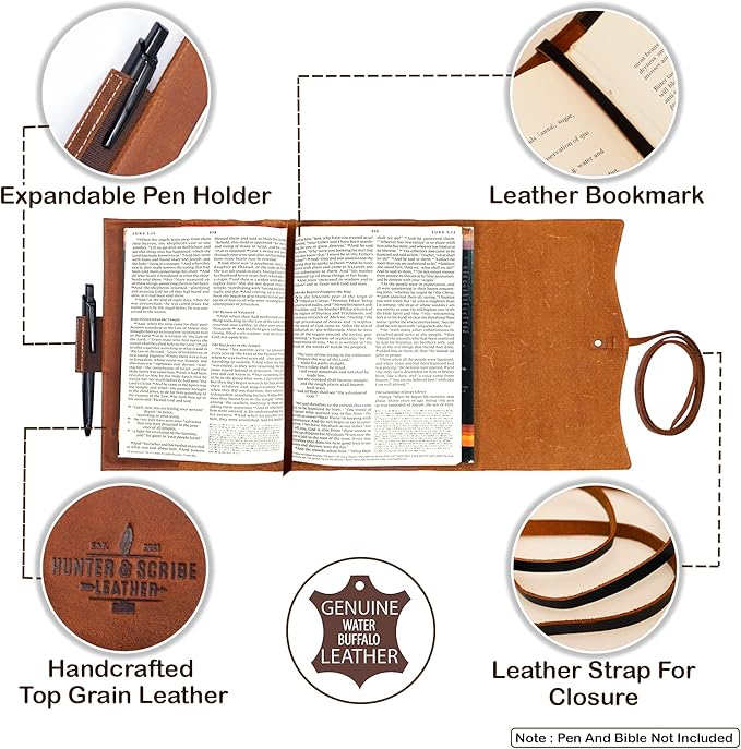 Hunter & Scribe Leather Bible Cover for Men and Women - Leather Book Cover - Handcrafted Genuine Top Grain Buffalo Leather - Christian Gifts - Medium Leather Bible Cover for Women