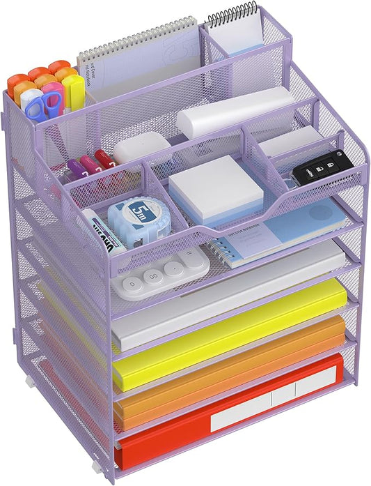 Docnest 6 Tier Mesh Desk Organizer for Paper Office Supplies – Multi-Functional Letter Tray with 5 Adjustable Compartments, 5 Pen Holders, Desktop Storage for Files, Mail, Stationery – Purple
