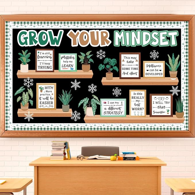 Pasimy Winter Growth Mindset Bulletin Board Plant Motivational Classroom Decorations January Bulletin Board Set Inspirational Bookshelf Greenery Cutouts for Holiday Office Library Wall Door Supplies