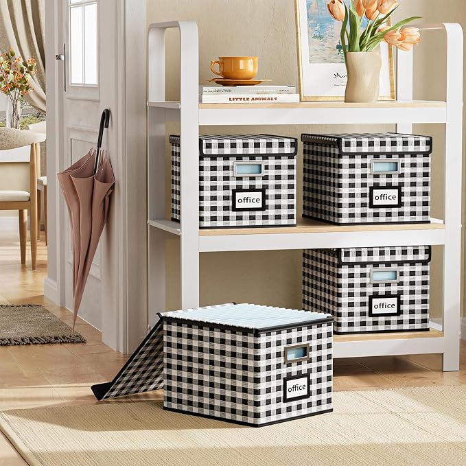 Decorative Collapsible File Storage Organizer Boxes with Lids, Hanging Filing & Storage Boxes for Office/Decor/Home, Filing System for File and Folders Storag - (Black & White Lattice)