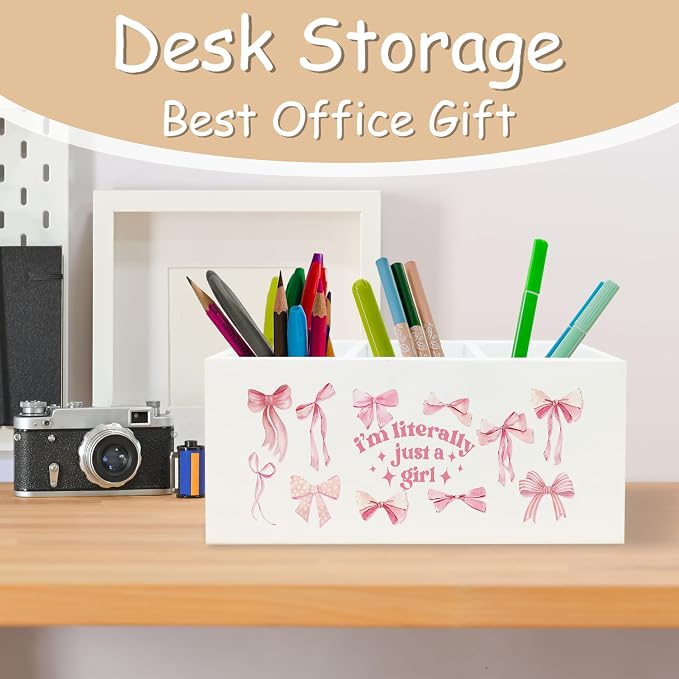 Inspirational Pink Bow Motivational Pen Holder for School Home Office Desk Decor, I'm Literally Just a Girl Wooden Pencil Holder Sign Organizer for Home Office Desk Accessories, Pink Gifts for Girl