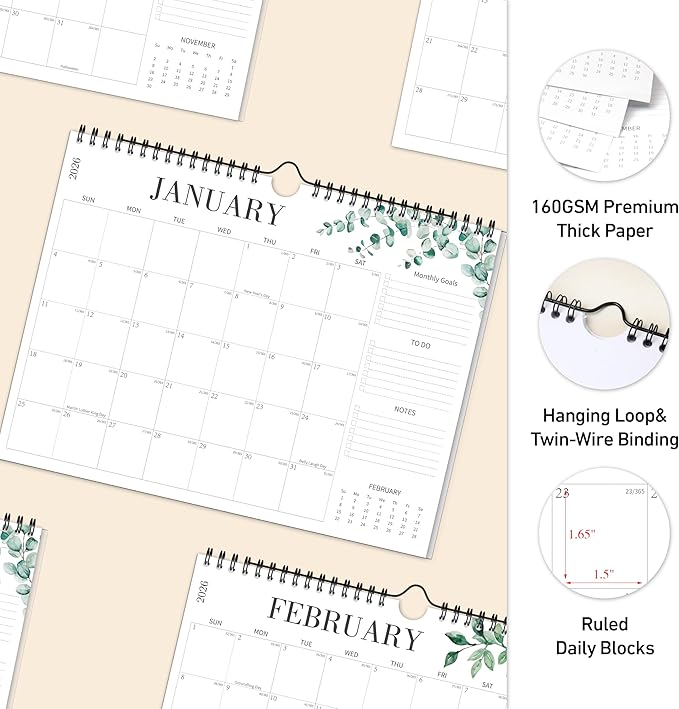 Aesthetic Wall Calendar 2026, 18 Monthly Horizontal Calendar January 2026 to June 2027, 14.5" x 11.5" Modern Wall Hanging Calendar for School, Home, Office for Monthly Organizing & Planning
