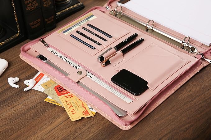 Vegan Leather Padfolio, 3 Ring Binder - Pink Padfolio with Pattern, Handmade Portfolio Organizer