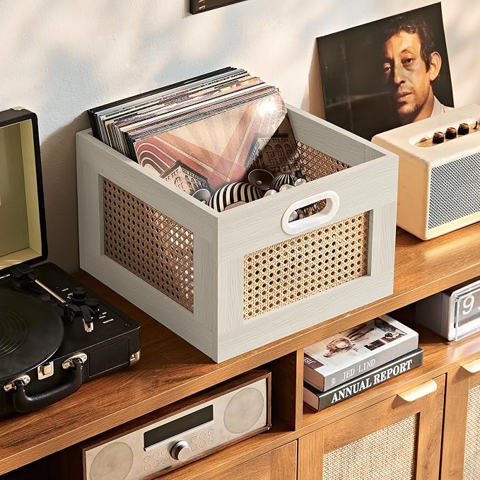 LELELINKY Vinyl Record Storage Crate, Rattan Vinyl Record Holder with Handle, Wood Record Crate for Vinyls Holder up to 75 LP's, Desktop Cube Album Storage for Vinyls Records(Grey White)