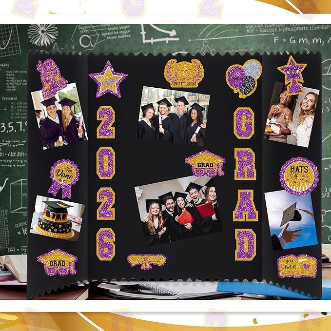 AmazingSpark 4 Sets Graduation Photo Display Board Trifold Poster Board with 12 Graduation Themed Stickers for 2026 Grad Party Decoration Picture Collage Frame Supplies (24 x 16,Purple Gold)