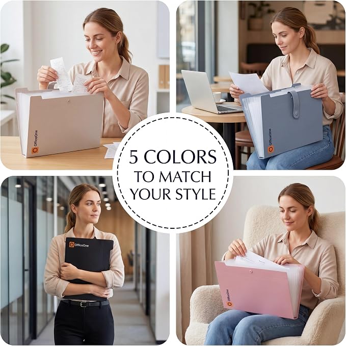 OfficeOne 8-Pocket Expanding File Folder, A4 Letter Size Accordion Document Organizer with Snap Closure, Labeled Tabs & Customizable Color-Coding Stickers, Home Office School (Soft Cream)