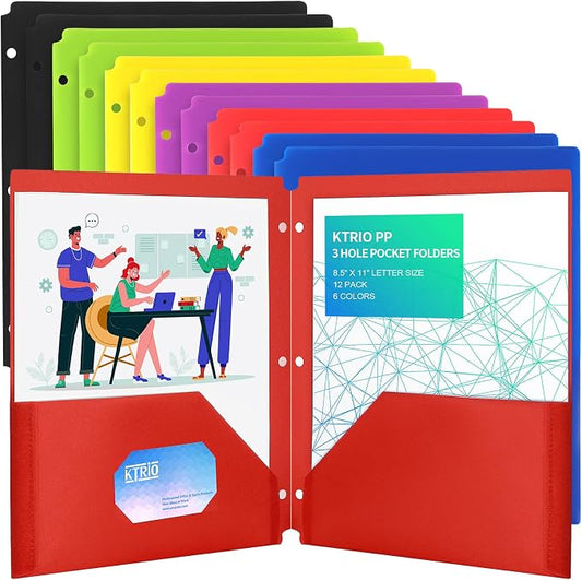 KTRIO 12 Pack Plastic Pocket Folders, 3 Hole, Letter Size, 6 Assorted Color | 3 Hole Punched, 2 Pocket Storage, Water-Resistant PP, Business Card Slot, 6 Assorted Colors