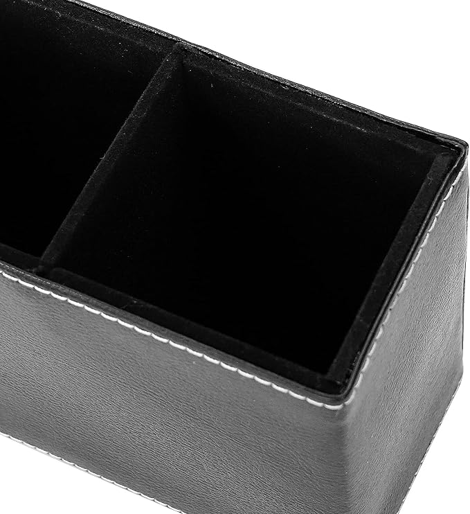 reamsEden PU Leather Pen Holder Cup, 2-Slot Vintage Square Desk Organizer for Office Supplies, Makeup Brushes, Remote Control, Black
