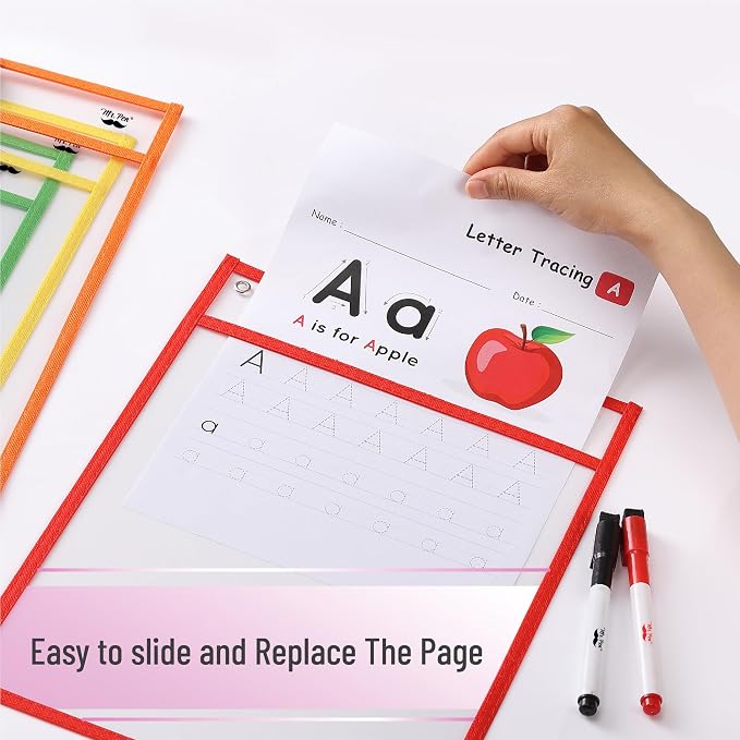 Mr. Pen- Reusable Dry Erase Pocket Sleeves, 10" x 14", 6 Pack, Colorful, Clear Plastic Paper Sleeves, Ticket Holders, Clear Plastic Sheet Protectors, Teacher, School, Classroom Supplies
