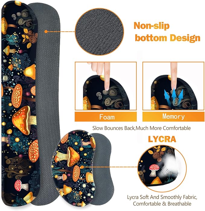 ARTSO Large Gaming Mouse Pad, Keyboard Wrist Rest Pad & Wrist Support Mousepad Set, Stitched Edge, Extended, Non-Slip Base, Memory Foam Desk Mat for Office, Home, Cute Mushrooms