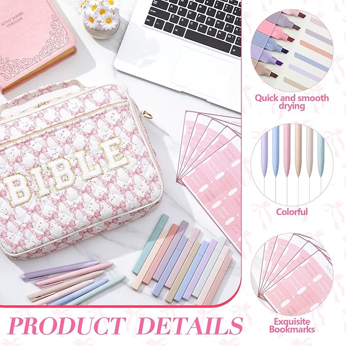 Sinload Quilted Bible Cover Case for Women 12 x 9 x 2.5 Inch Bible Chenille Letter Bag with Shoulder Strap Carrying Tabs 6 Colored Pens 12 Highlighters Christian Church Study Gifts(Dark Pink,Bow)