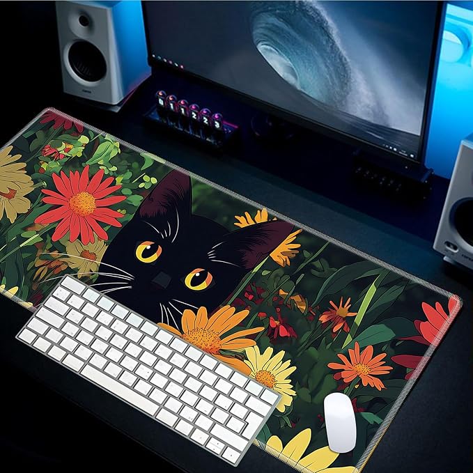 Mouse Pad Gaming Mousepad 31.5x11.8 Inch XXL Large + Coasters,Desk Mat with Stitched Edges, Non-Slip Rubber Base, Thick Mouse Pad for Computer, Laptop, Office & Home - Flowers Black Cat