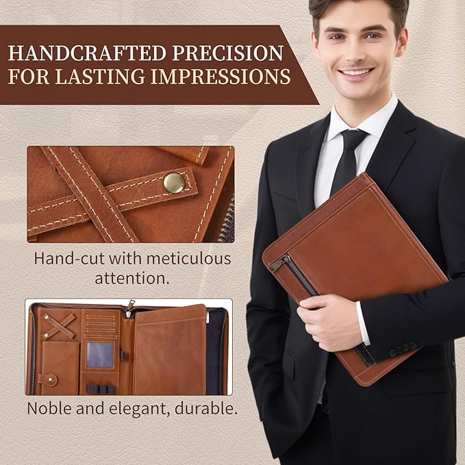 Genuine Leather Professioal Business Portfolio Padfolio Folder with Zipper, Conference Meeting Executive File Legal Document Organizer for Men, Work Portfolio for Meeting and Travel—Brown
