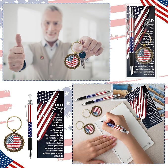 Sayglossy 24 Sets 4th of July Gifts Bulk American Patriotic Flag Ballpoint Pens Inspirational Keychains and Bookmarks for 250th Anniversary Independence Day Party Supplies