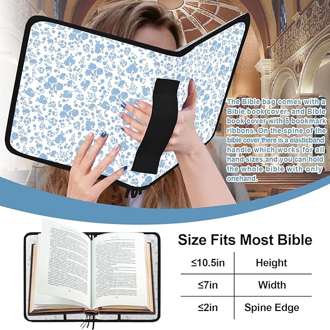 Floral Bible Cover Case for Women Girls,Bible Carrier,Bible Bags for Women Organizer,Bible Holder with Shoulder Strap,Handle,Bible Study Supplies Kit with Highlighters,Tabs,Pens,Christian Gift Blue