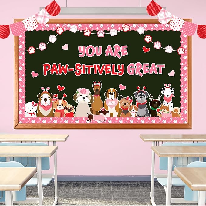 JarThenaAMCS 73Pcs Valentine's Day Pet Dog Bulletin Board Decoration Set Cute Puppy Heart Theme Cutouts for Classroom Wall Decor Wedding Anniversary Supplies
