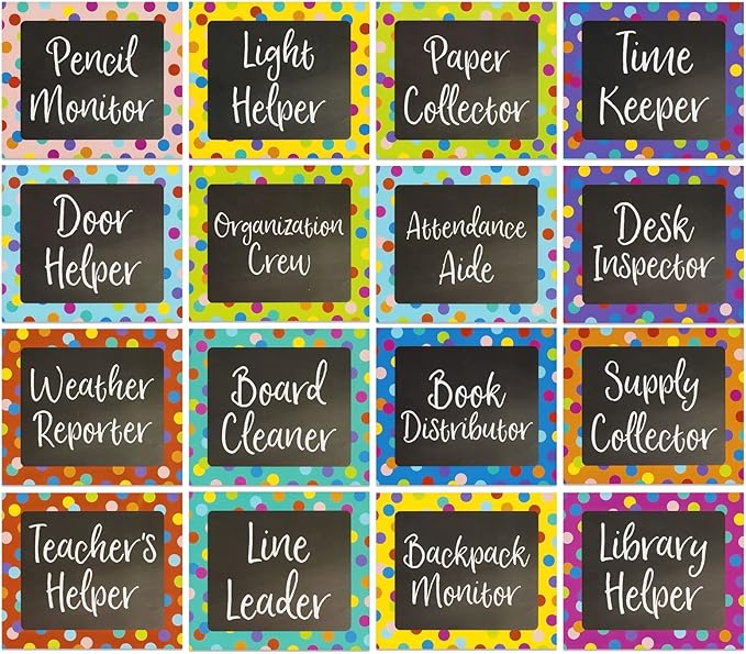 67-Piece Bright Classroom Job Chart Set with Name Tags for Bulletin Board, Chalkboard Decorations, Teacher Supplies, Classroom Teaching Tool, Kids Education (16 Assorted Signs)