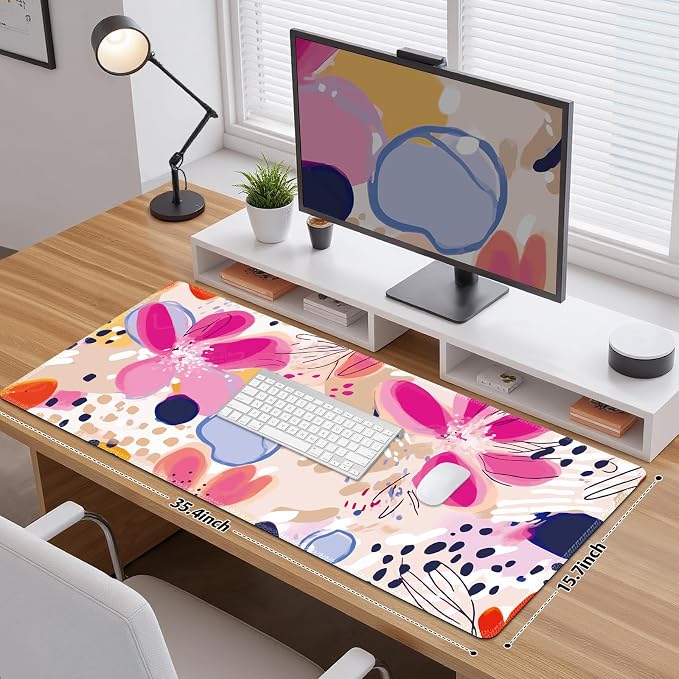 Desk Pad Mouse Pad, Large Gaming Mouse Mat with Stitched Edges, Non-Slip Waterproof Rubber Base Mous Mat for Office Computer Keyboard Laptop Home Decor Women (35.4X17.5 in), Apricot Magenta Flower