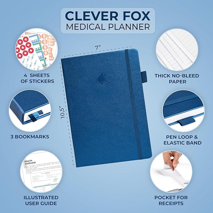 Clever Fox Large Medical Planner 12-Month – Medical Notebook, Health Diary, Wellness Journal to Track Health – 12 Months, 7x10.5″ (Mystic Blue)