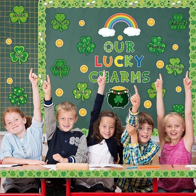 Clover Bulletin Board Cutouts- 121P Our Lucky Charms Shamrock First Day of School Bulletin Board for Classroom Party Home School Wall Decor, Back to School Gold Rainbow Stockpot Cutouts