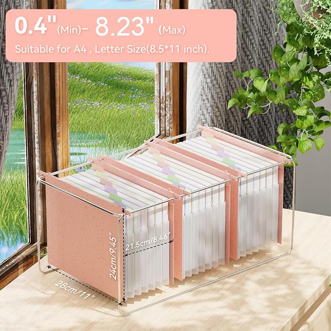ANSOOK Hanging File Folders Letter Size, 7 Accordion Pockets Expandable File Organizer, 3 Pack Hanging File Folders for Filing Cabinet, Designed for Bulky Files, Medical Charts, 50% Wheat Straw (Pink)