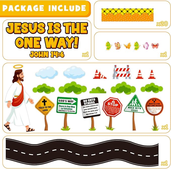 Road Trip VBS Bulletin Board Decoration Set, Christian Construction Sunday School Decorations for Classroom Religious Jesus Road Signs Cutouts Library Church Wall Window Door Decor for Teacher