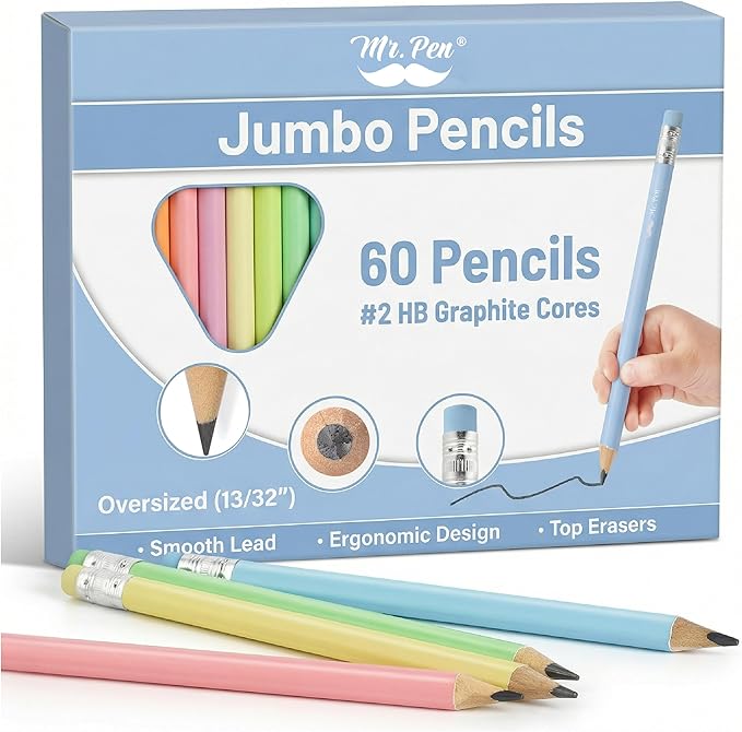 Mr. Pen- Jumbo Pencils, 60 pcs, Preschool Pencils, Large Pencil, Pastel Barrels and Black 2 HB Graphite Cores, Smooth Lead, Latex-Free Eraser Top with Metal Ferrule