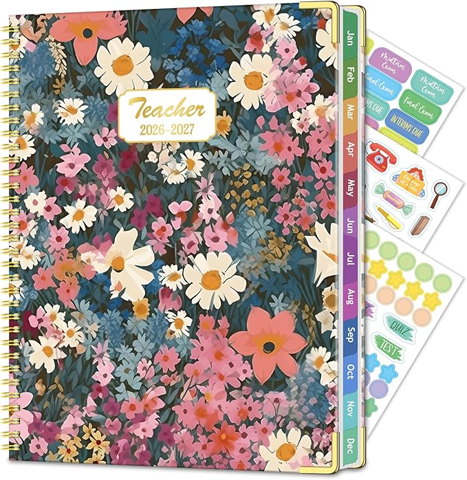 Teacher Planner 2026-2027 Academic Year, Jul.2026 - Jun.2027, 8.5" x 11" Lesson Planner Book for Teachers, Teacher Planners with Colorful Monthly Tabs for Homeschool & Classroom Organization - Flower Clusters