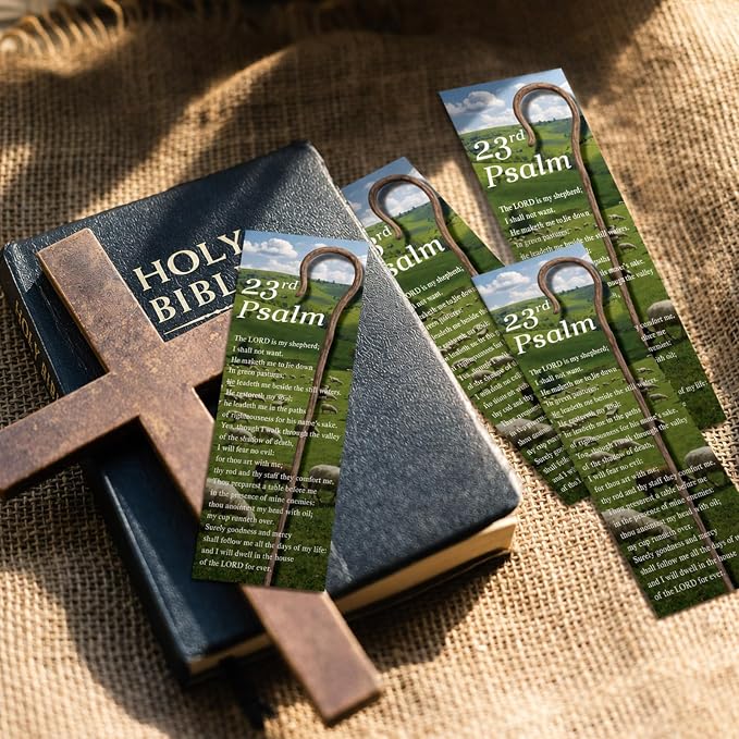 MotiMind 60 Pcs Shepherd's Staff Religious Bookmarks 23rd Psalm 6.5 x 2 Inches Inspirational Religious Bookmarks for Teens Men Women Bible Bookmark with Scriptures Church Exchange Christian Faith Gift