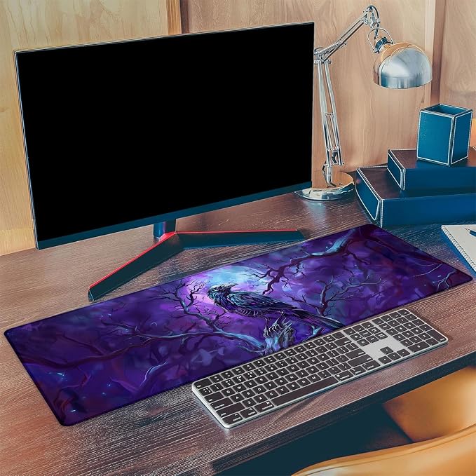 Mystical Crow Gaming Mouse Pad, Extended Raven and Enchanted Forest Desk Mat Computer Laptop Mousepad, Robust Stitched Edges, 31.5"×11.8" Large Office Keyboard Mouse Pads for Desktop Decor