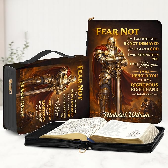 Personalized Man of God Bible Cover for Men, Christian PU Leather Bible Case with Handle Zipper, God Says I Am Warrior Scripture Bible Holder, Religious Gift for Men (I Will Strengthen You)