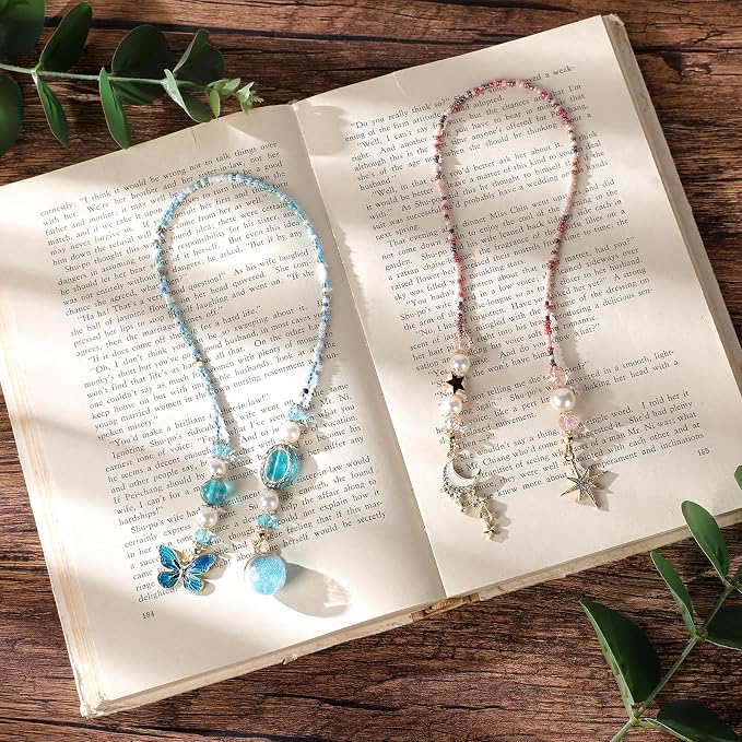 Blue Butterfly Beaded Bookmark - Fantasy Crystal Bead Gold Chain Fantasy Bookmark, Butterfly Aesthetics Pendant, Book Marks Gifts for Books Lovers Students Teacher Office School Supplies