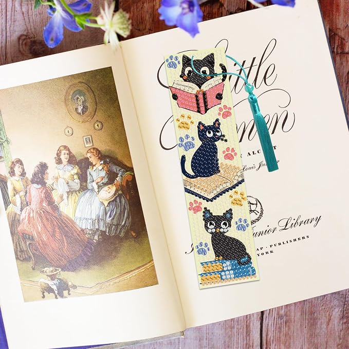 6Pcs Cat Reading Diamond Art Bookmarks Books Diamond DIY Painting Bookmarks Bookshelves Rhinestones Beaded Acrylic Tassel Bookmark for Adult Beginner Crafts