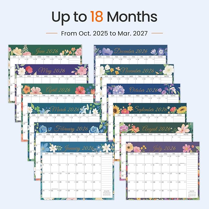 SUNEE 2026 Calendar- 18 Months Wall Calendar Oct. 2025 - Mar. 2027, 14.5"x11.5" Hanging Calendar with Note for Organizing & Planning, 2026 Monthly Calendar with Next Month, Floral