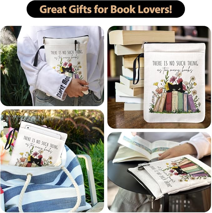 There is No Such Thing As Too Many Books Book Sleeve for Book Lovers Bookish, Black Cat Book Cover Gifts for Women Librarian Teachers Book Club Bookworm Birthday Graduation Reading Day