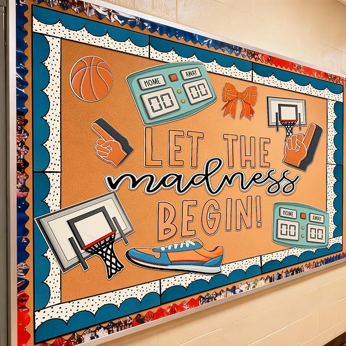 Tenceur 62 Pcs Basketball Bulletin Board Set Classroom Door Decoration Kit with ''let The Madness Begin'' Letters, Basketball Hoop, Scoreboard, and Sports Cutouts, Includes 100 Glue Stickers
