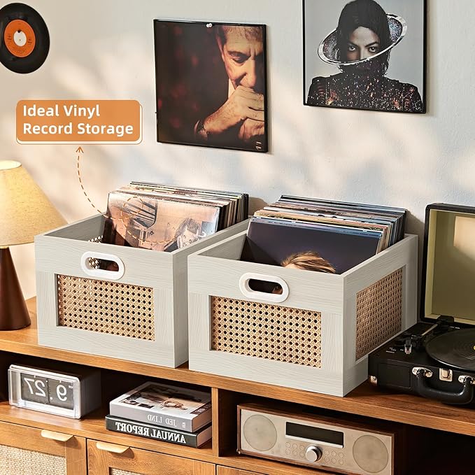 LELELINKY Vinyl Record Storage Crate, Rattan Vinyl Record Holder with Handle, Wood Record Crate for Vinyls Holder up to 75 LP's, Desktop Cube Album Storage for Vinyls Records(Grey White)